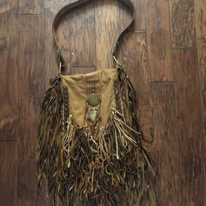 Fringed leather purse w/tooled strap